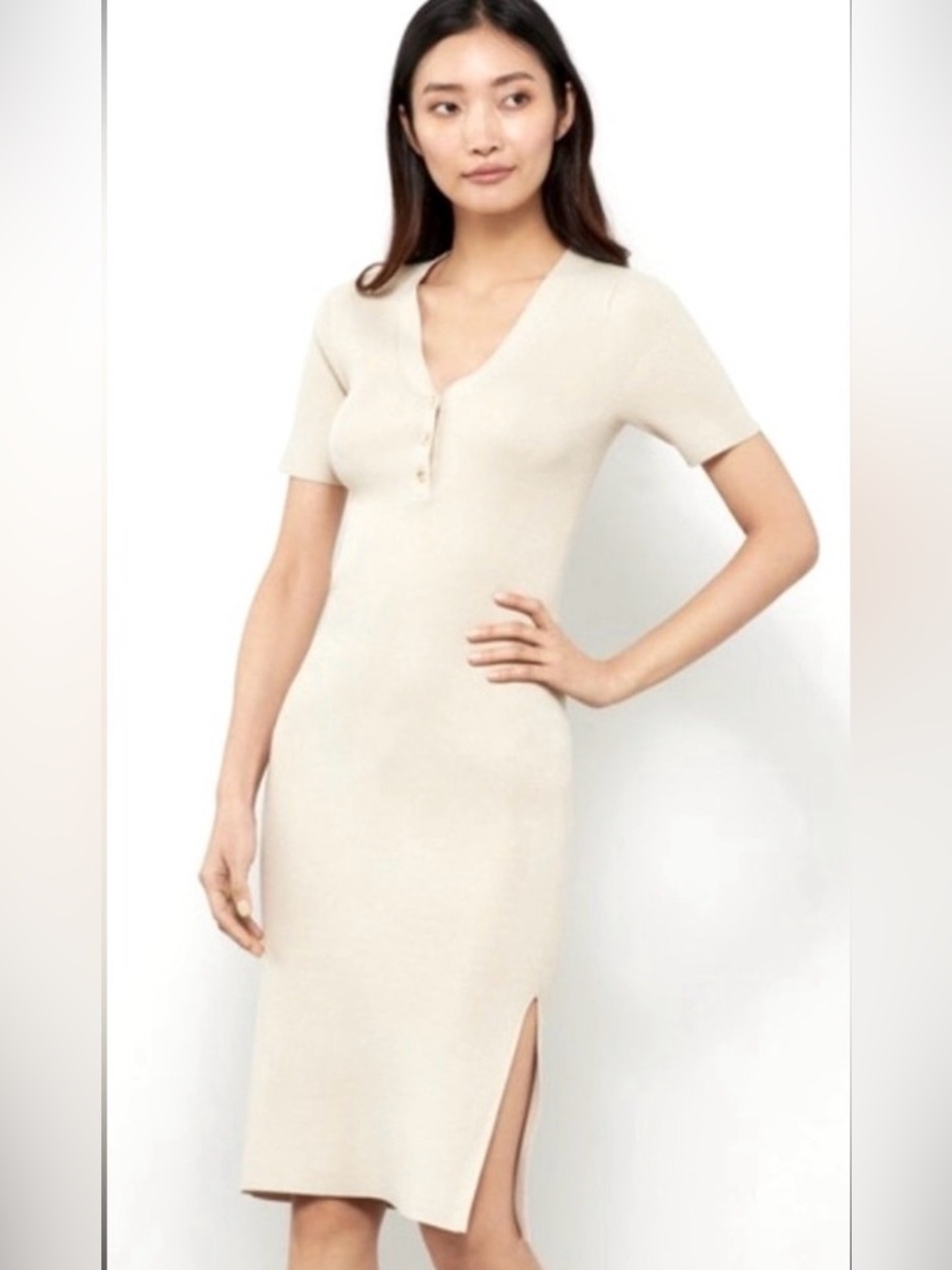 BCBGMaxAzria Beige Ribbed V-Neck Knit Dress